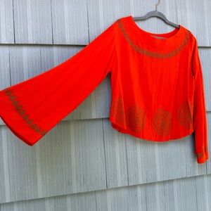Shermarke orange and gold long bell sleeve top, 100% rayon, handprinted